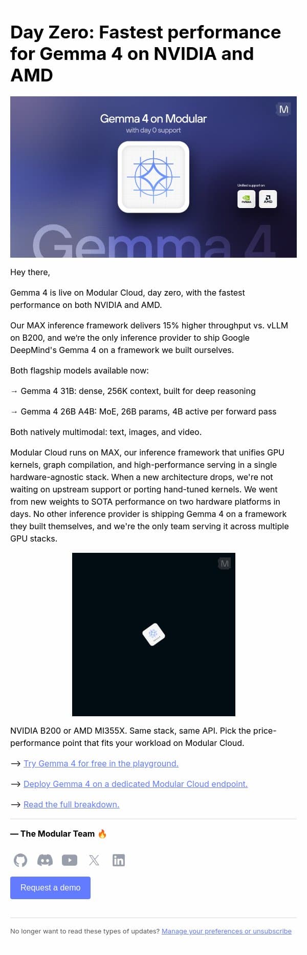Gemma 4 on Modular Cloud: Fastest Day Zero Performance on NVIDIA & AMD email from Modular screenshot