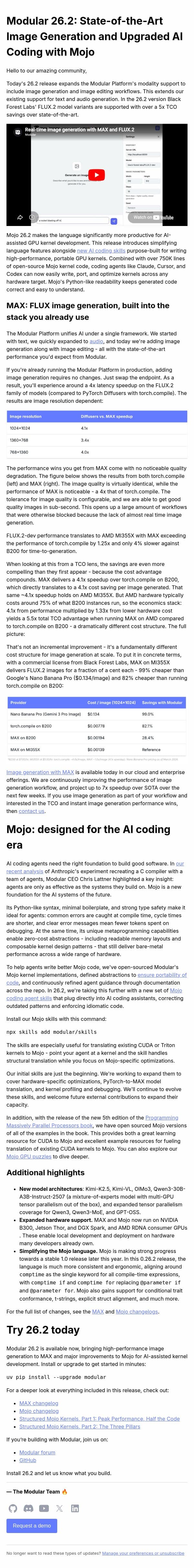 Modular 26.2: State-of-the-Art Image Generation and Upgraded AI Coding with Mojo email from Modular screenshot