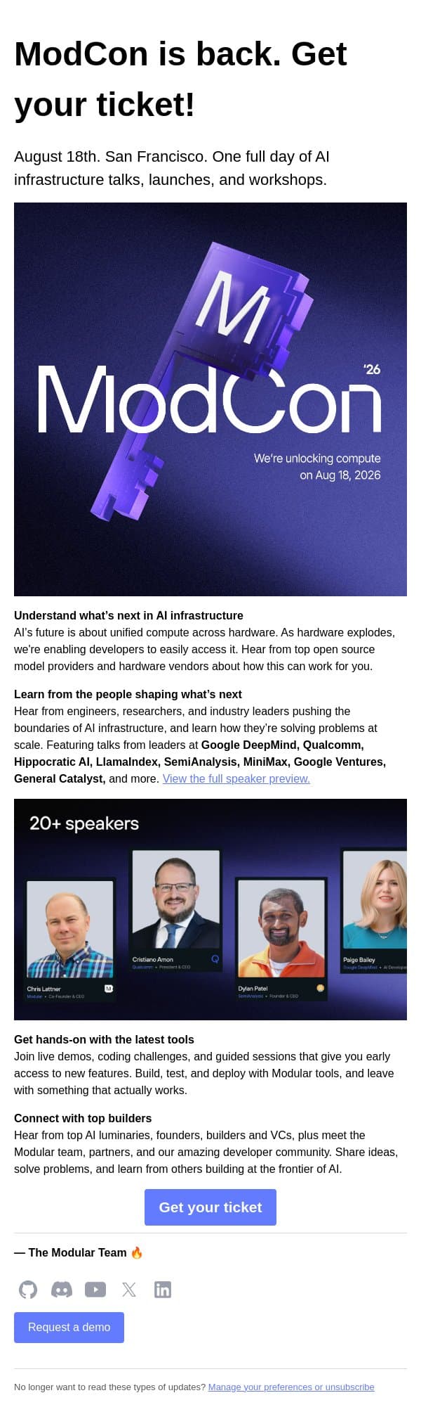 Grab your ticket to Modular's 1-day conference now email from Modular screenshot
