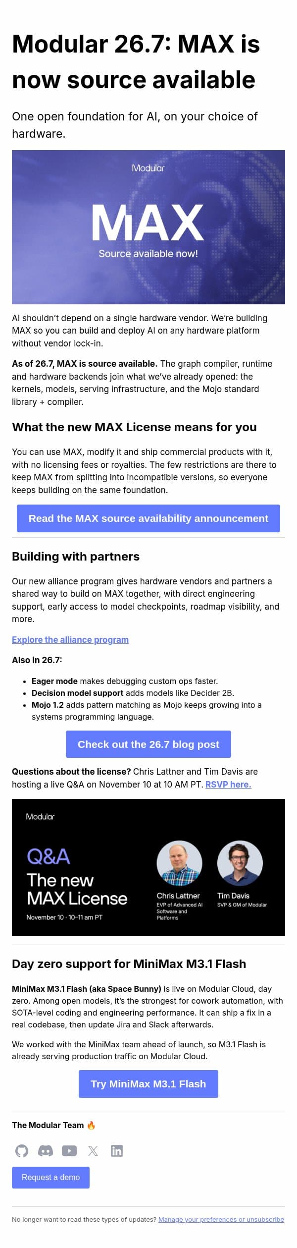 MAX is now source available, with a simplified license email from Modular screenshot