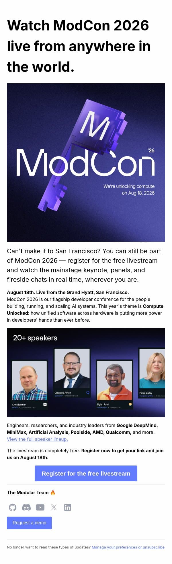 Watch ModCon 2026 live — register for the free livestream email from Modular screenshot