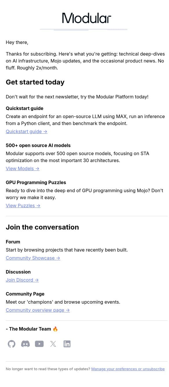 🔥 You're subscribed to the Modular Newsletter! Let's Go! email from Modular screenshot
