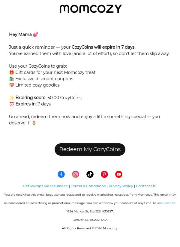 ⏰ Only 7 Days Left to Use Your CozyCoins! email from Momcozy screenshot