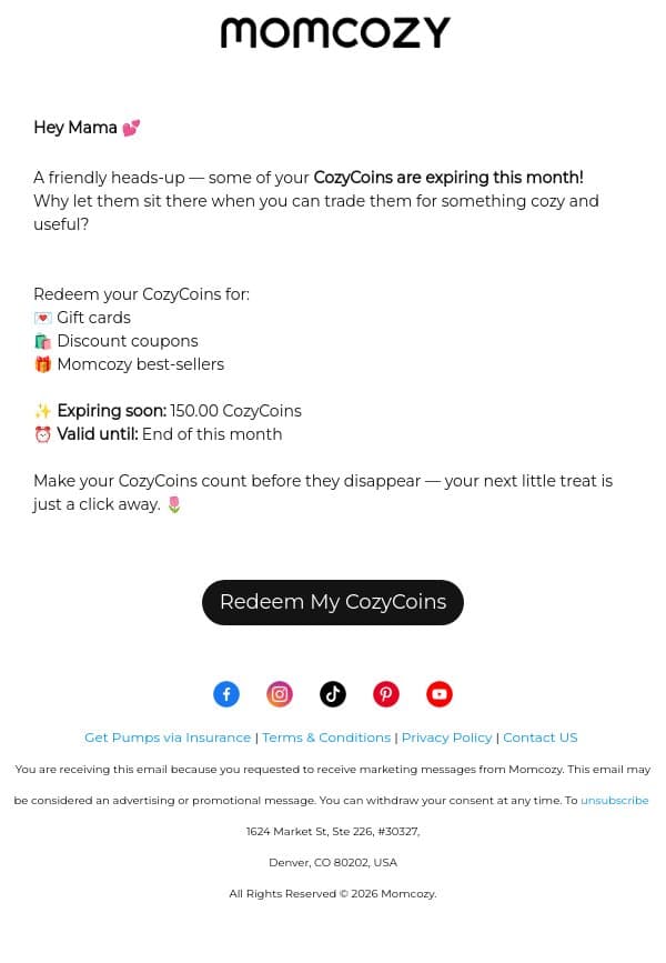 💰 Some of Your CozyCoins Are Expiring This Month! email from Momcozy screenshot