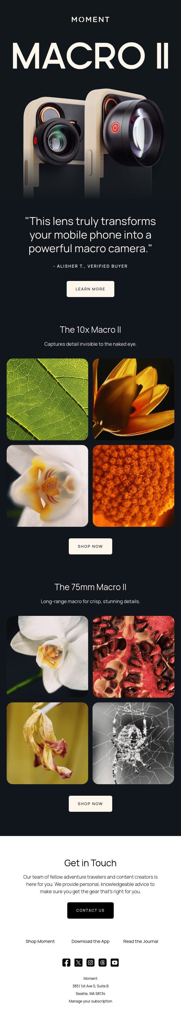 "Exceptional quality, incredible detail." email from Moment screenshot