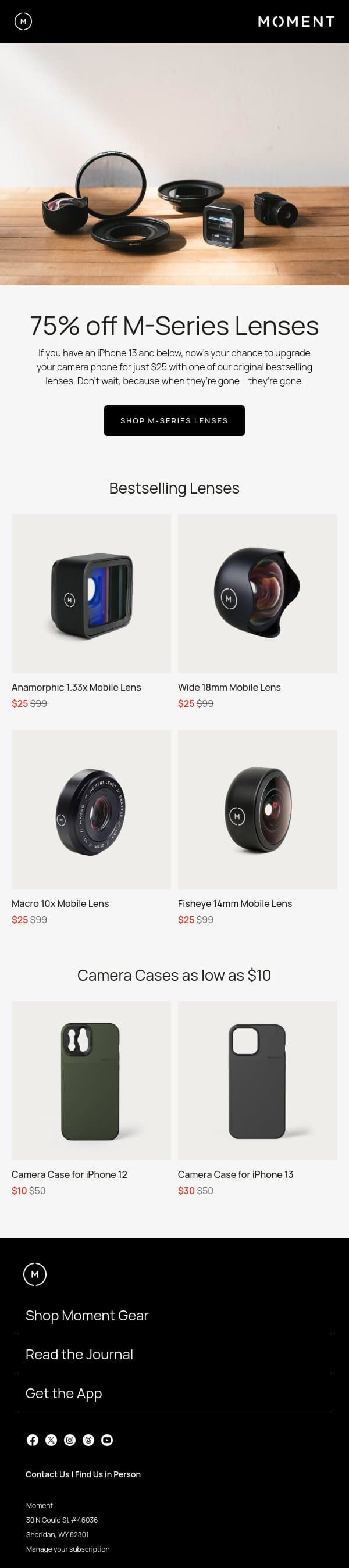 Selling Out: $25 M-Series Lenses email from Moment screenshot