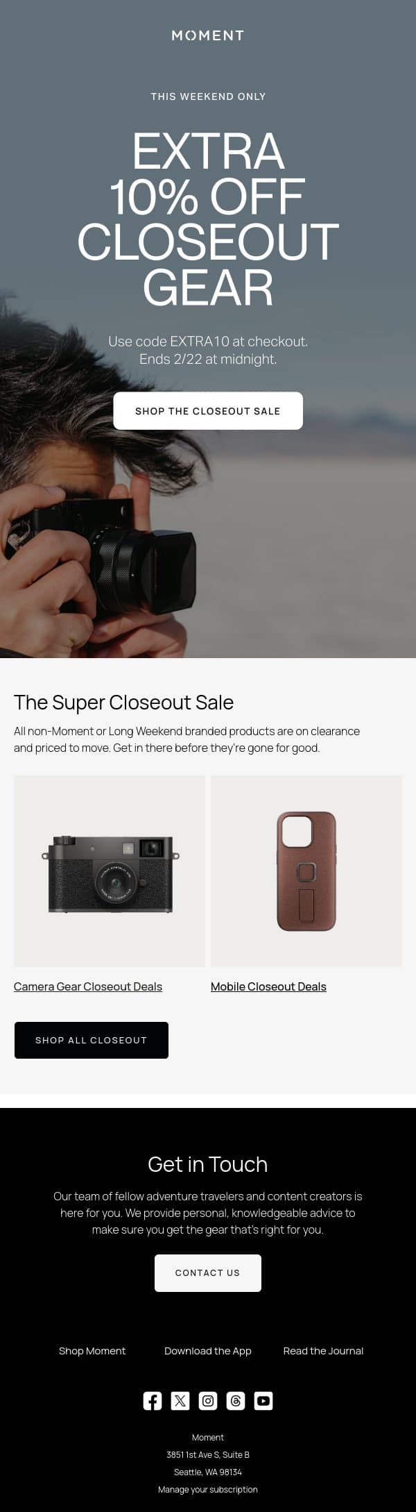 Extra 10% off Closeout Gear email from Moment screenshot