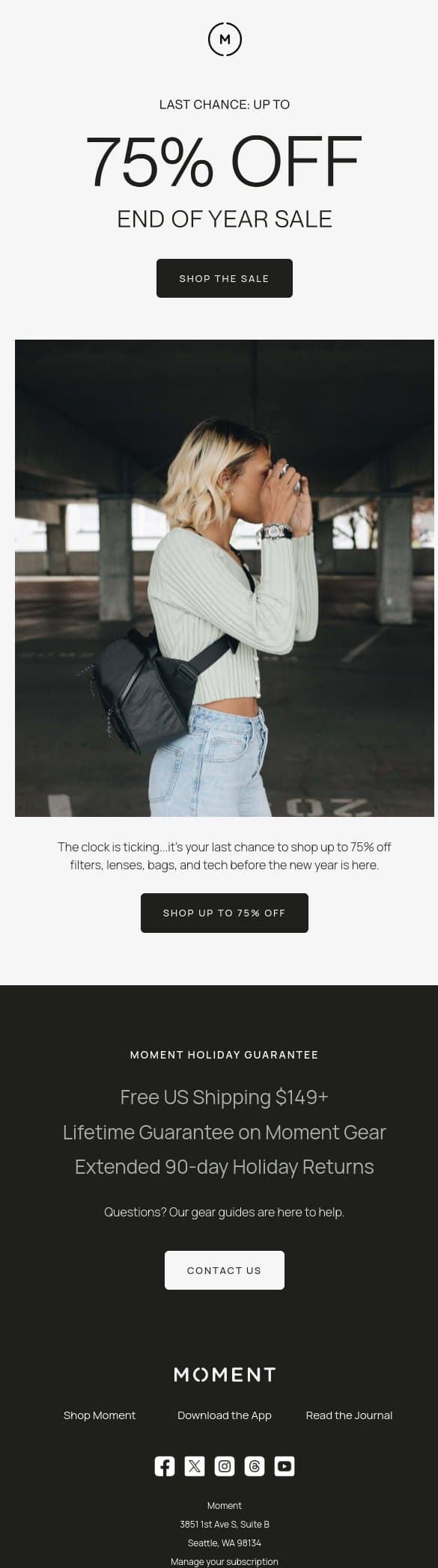 Last Chance for up to 75% off email from Moment screenshot
