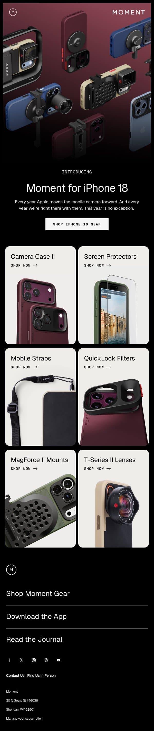 iPhone 18 - New Moment Gear is Here! email from Moment screenshot