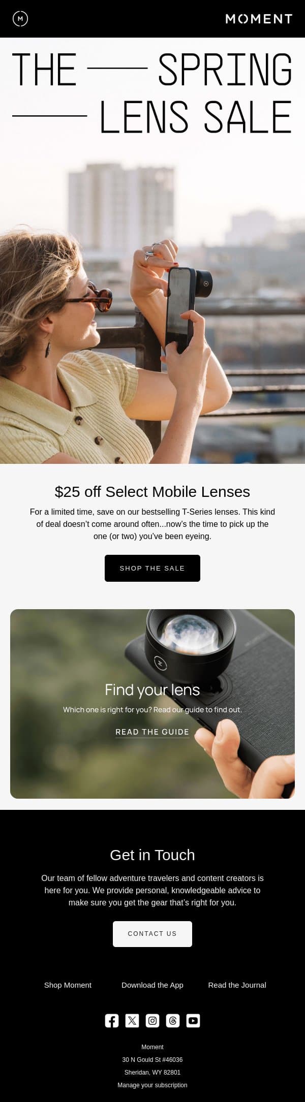 15% off select Mobile Lenses email from Moment screenshot