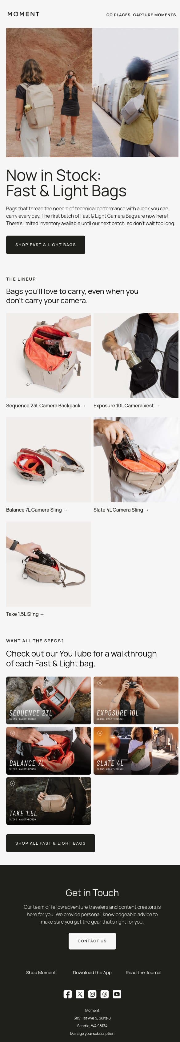 Now in Stock: Fast & Light Camera Bags email from Moment screenshot