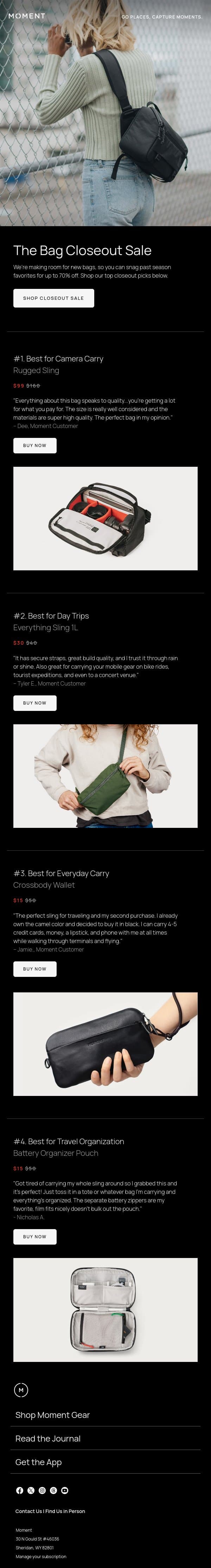 Up to 70% off Bag Closeouts email from Moment screenshot