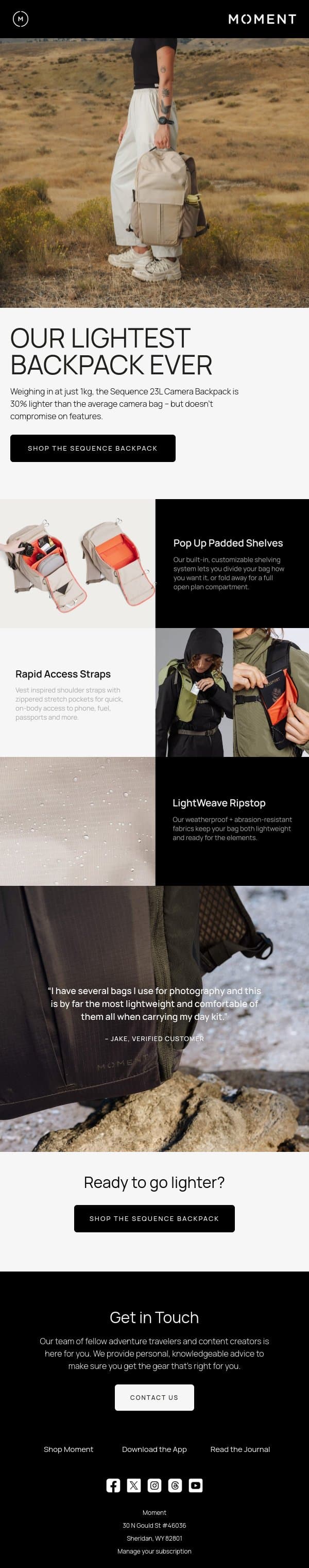Our Lightest Backpack Ever email from Moment screenshot