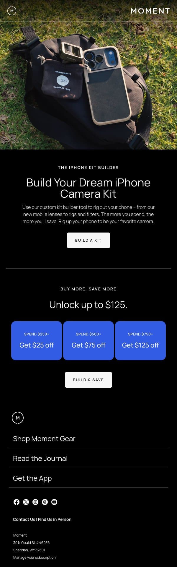 Up to $125 Off iPhone Kits email from Moment screenshot