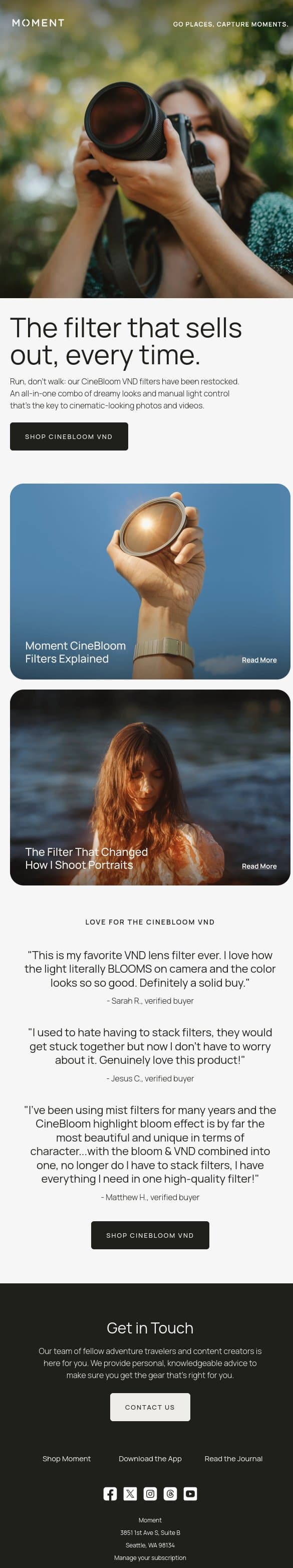"This is my favorite lens filter EVER." email from Moment screenshot