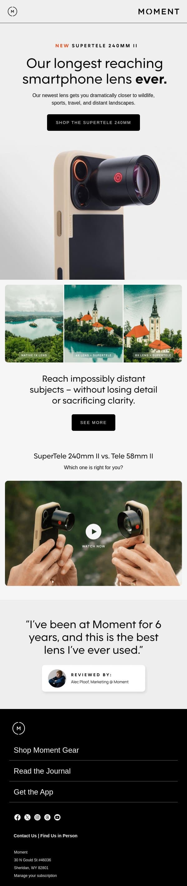New: The SuperTele 240mm II Mobile Lens email from Moment screenshot