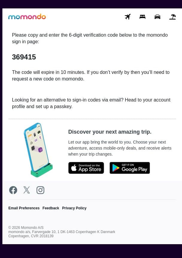 369415 is your momondo verification code email from Momondo screenshot