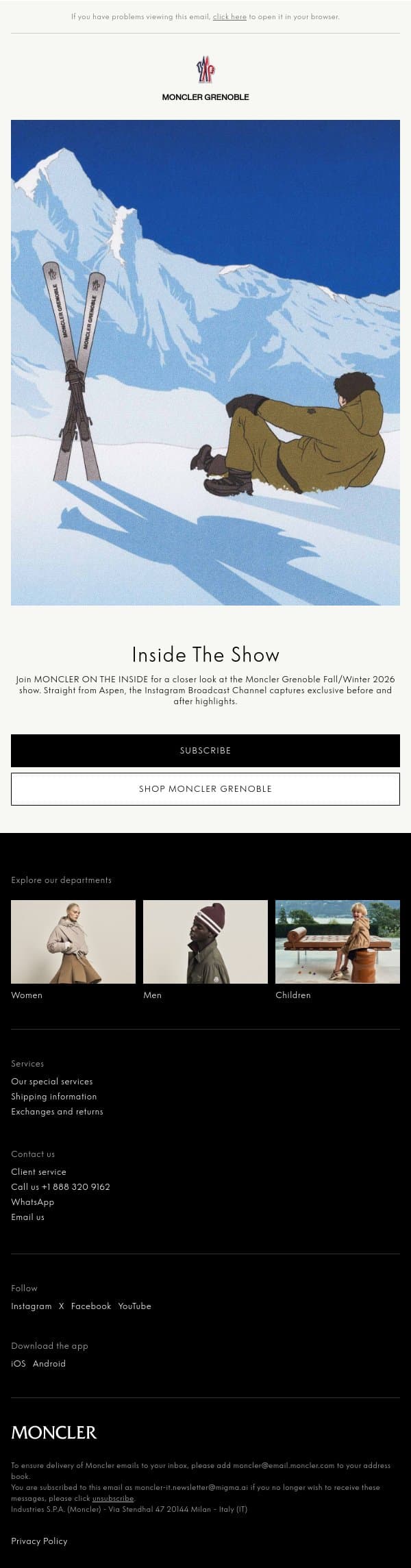 Inside The Moncler Grenoble Fall/Winter 2026 Show email from Moncler screenshot