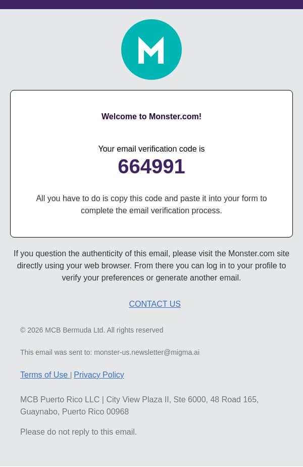 Email Verification Code email from Monster screenshot