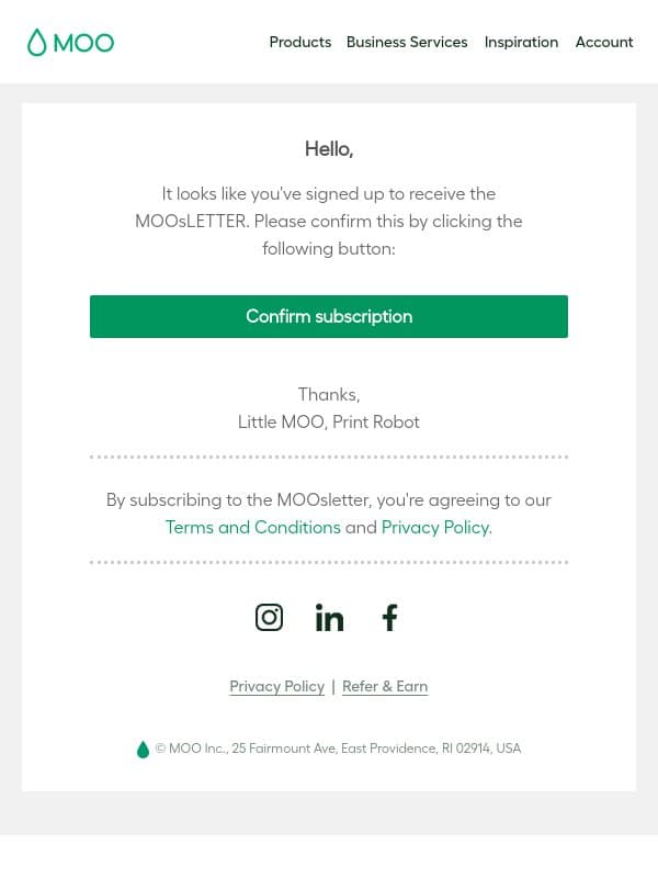 MOOsLETTER confirmation email from Moo screenshot