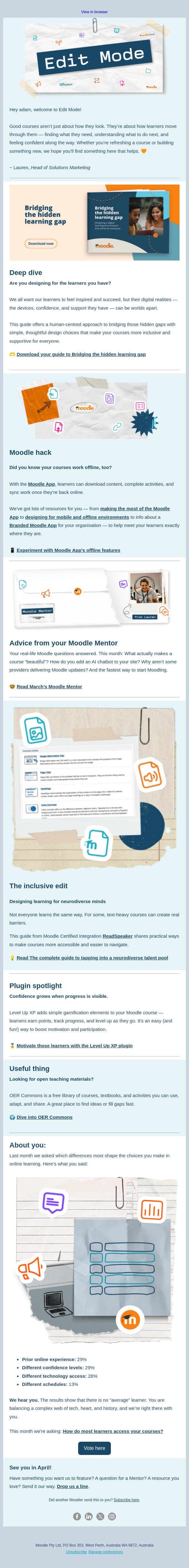 What makes a Moodle course beautiful? email from Moodle screenshot