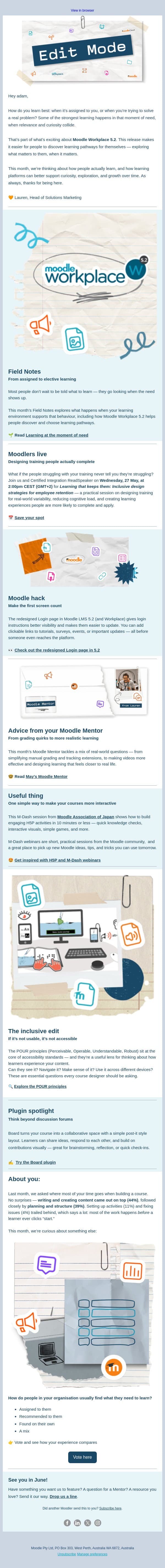 Learning works differently when people can steer their own email from Moodle screenshot