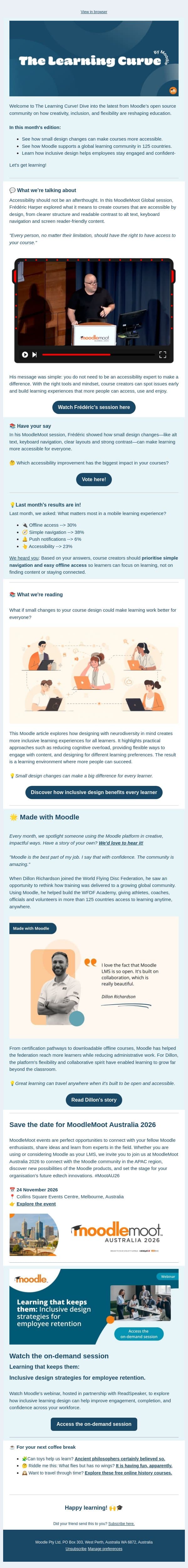 This month: Discover how design can remove learning barriers email from Moodle screenshot