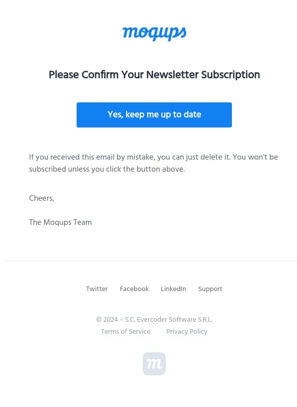 Please confirm newsletter subscription email from Moqups screenshot