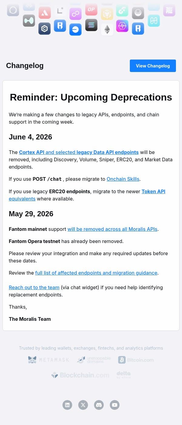 Reminder: Cortex API, legacy endpoints & Fantom support deprecations email from Moralis screenshot