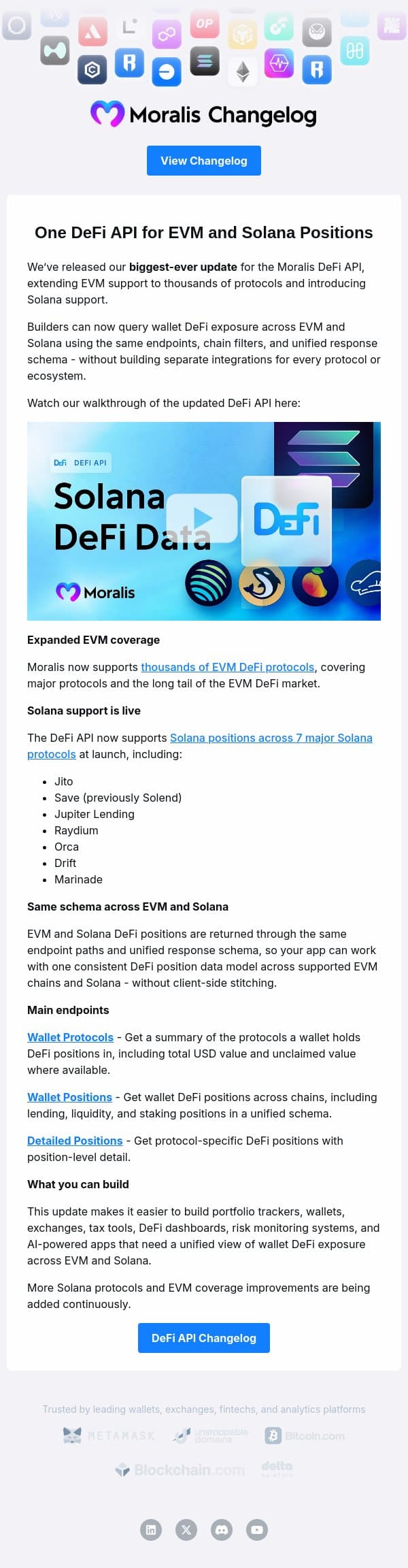Biggest Ever DeFi API Update: Solana + Thousands of EVM Protocols email from Moralis screenshot