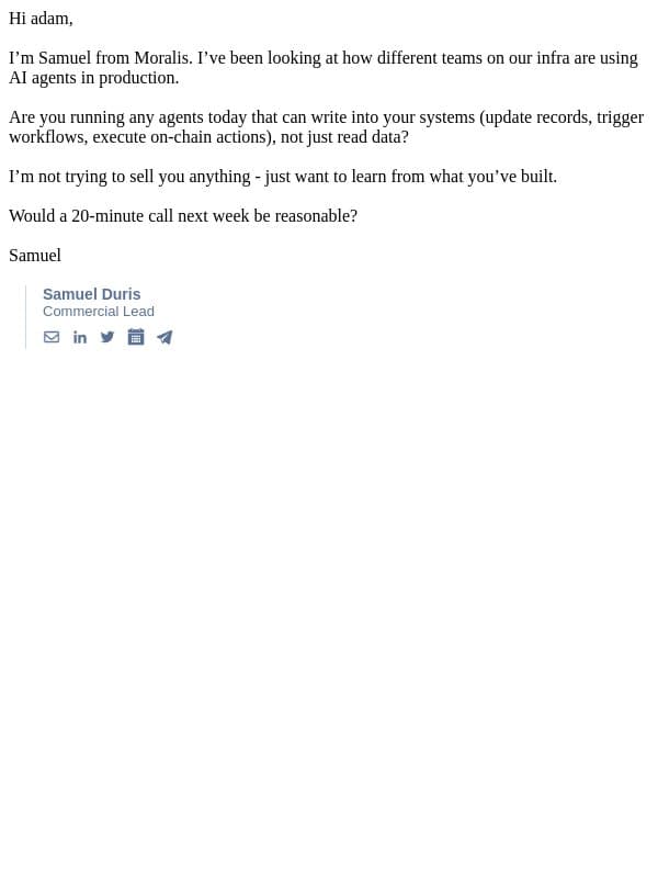 agents in production at Migma email from Moralis screenshot