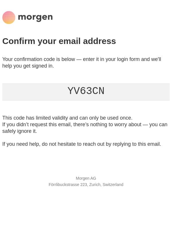 Your Morgen activation code: YV63CN email from Morgen screenshot