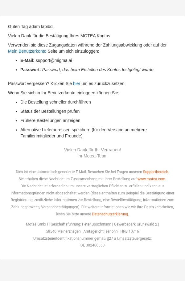 Willkommen bei MOTEA email from Motea screenshot