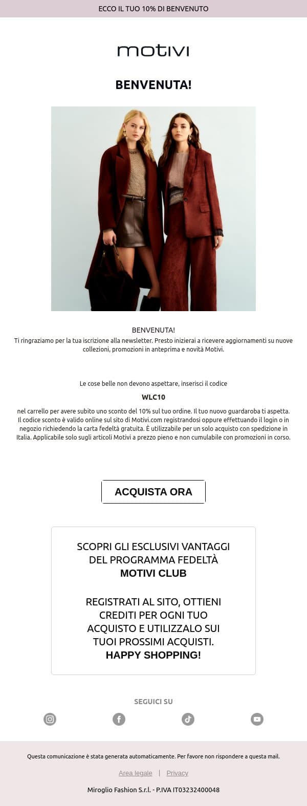Grazie per esserti iscritta alla newsletter Motivi email from Motivi screenshot