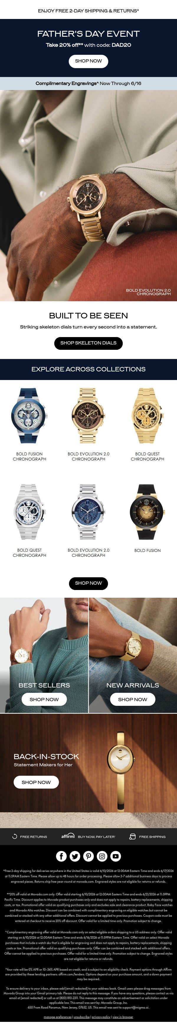 Skeleton Dials now 20% off email from Movado screenshot