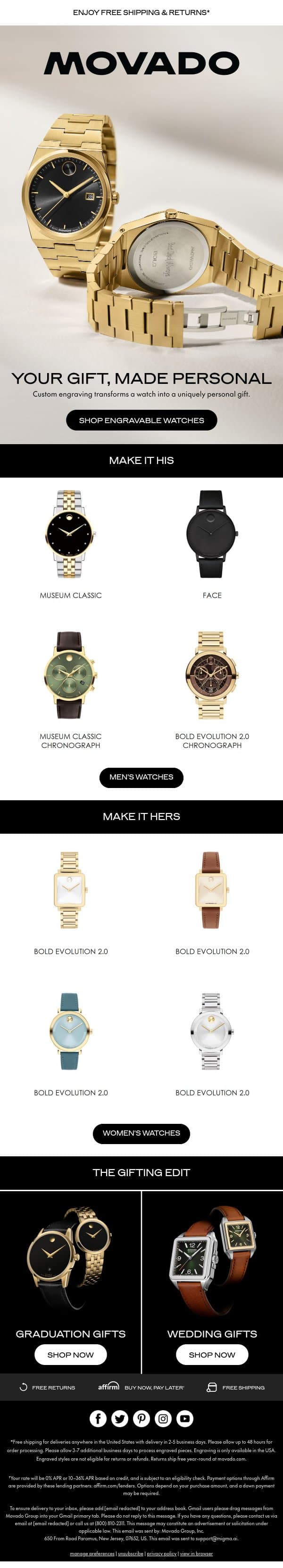 Your Gift, Engraved email from Movado screenshot