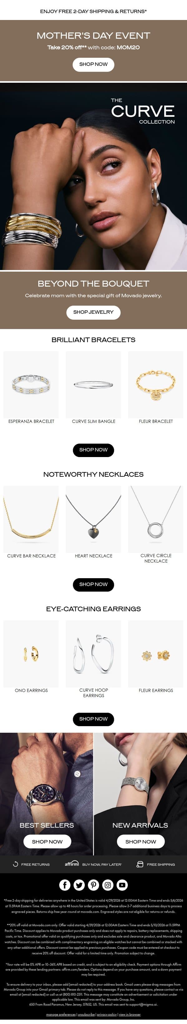 Little Luxuries for Mom: 20% off Jewelry email from Movado screenshot