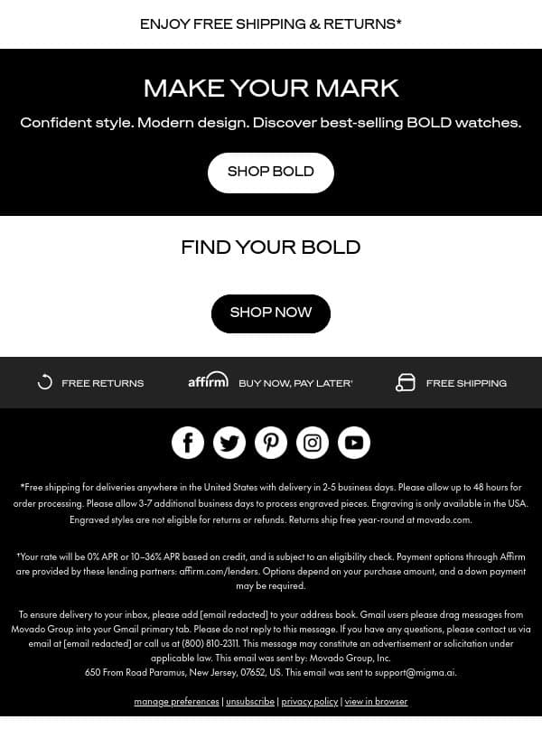 Our Best-Selling BOLD Watches email from Movado screenshot