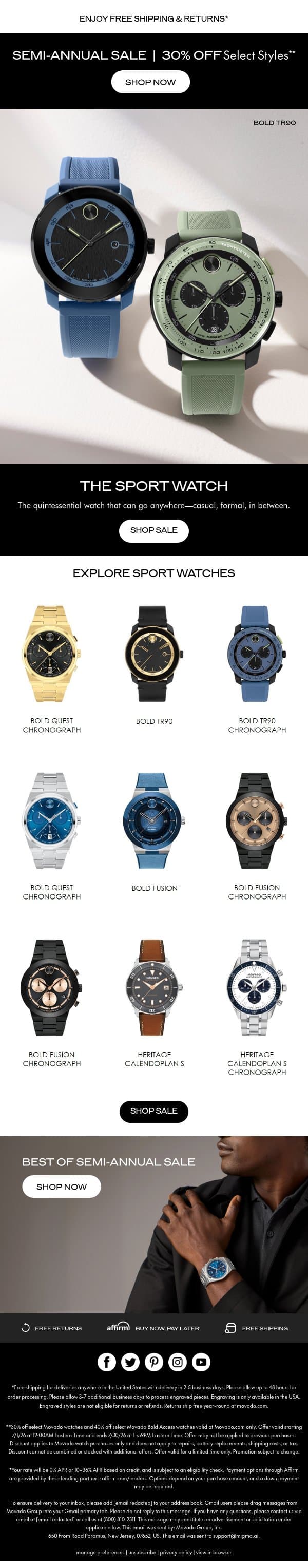 Select Sport Watches: 30% off email from Movado screenshot