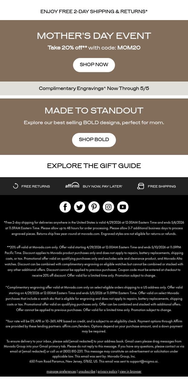 A BOLD Gift, Enjoy 20% off email from Movado screenshot