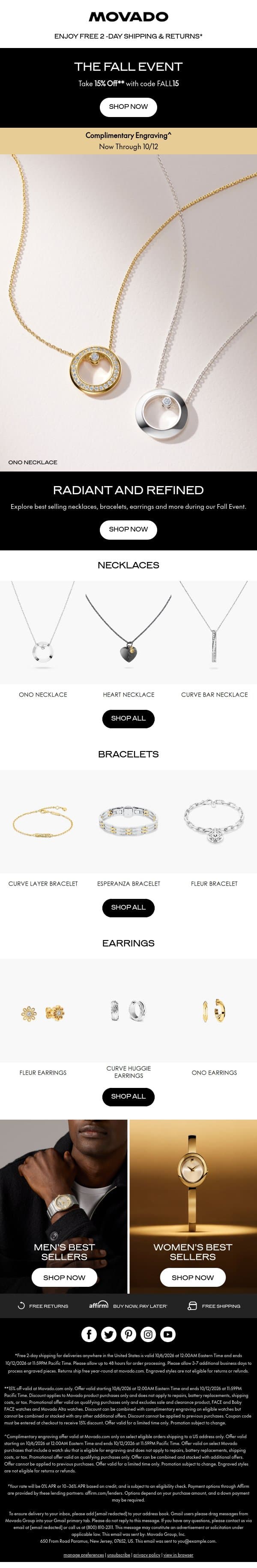 Jewelry is 15% Off email from Movado screenshot