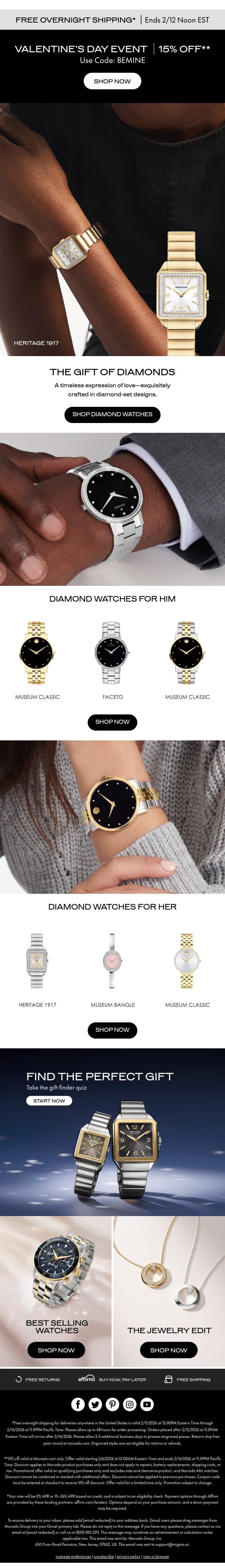 Free Overnight Shipping Is On + 15% Off Diamonds email from Movado screenshot
