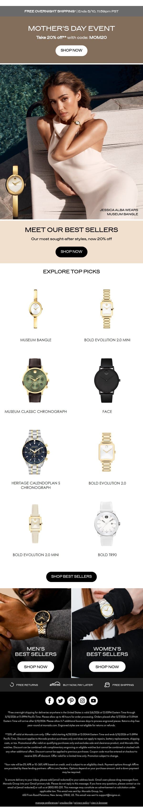 The Best Sellers, 20% off email from Movado screenshot