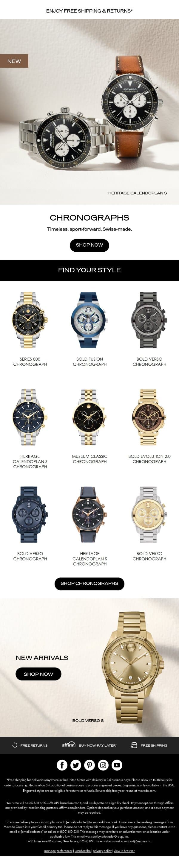 Split-second timing. Sporty style. email from Movado screenshot