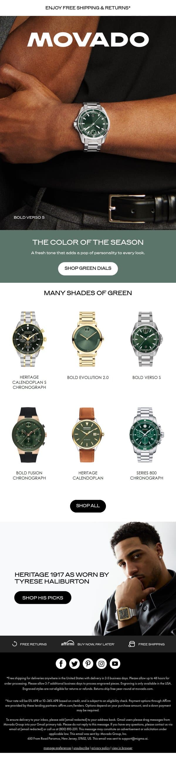 The Watch that Pops: Green Dials email from Movado screenshot