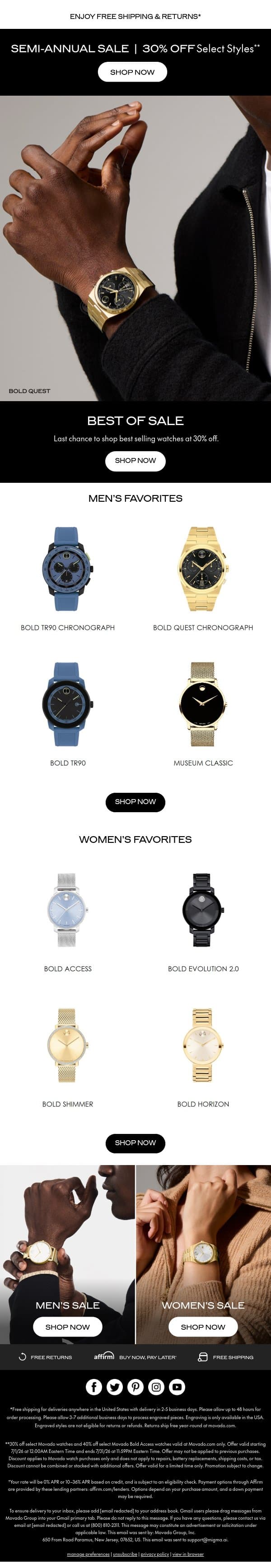 Final Hours for 30% off email from Movado screenshot