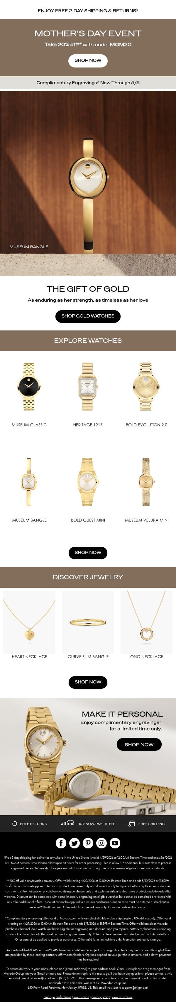For Mom: 20% off Golden Gifts email from Movado screenshot
