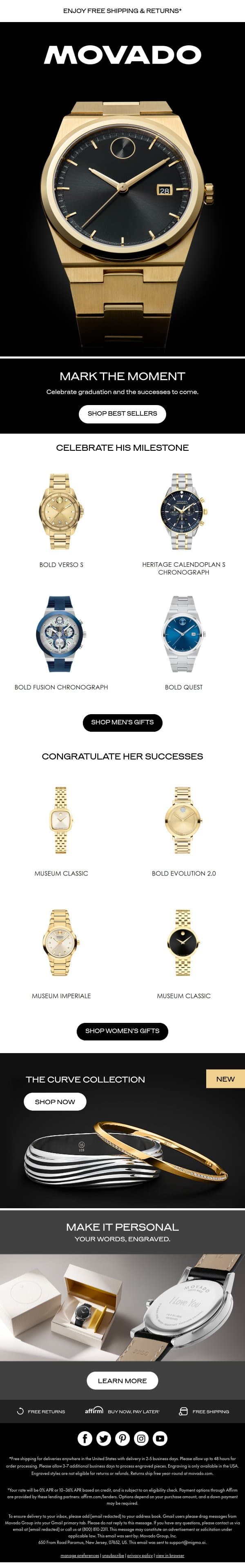 A graduation gift they'll cherish email from Movado screenshot