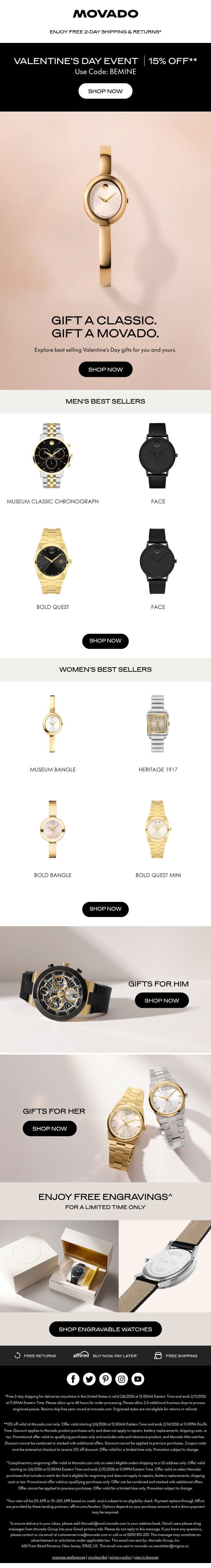 15% Off: Valentine's Day Gifts email from Movado screenshot