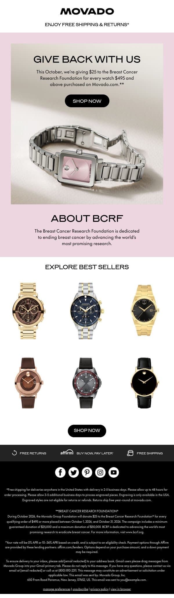 Support Breast Cancer Research With Us email from Movado screenshot